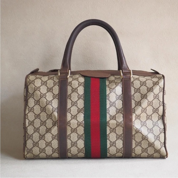 Gucci Beige and Brown Duffel Bag with Red and Green Stripe - Picture 2 of 10